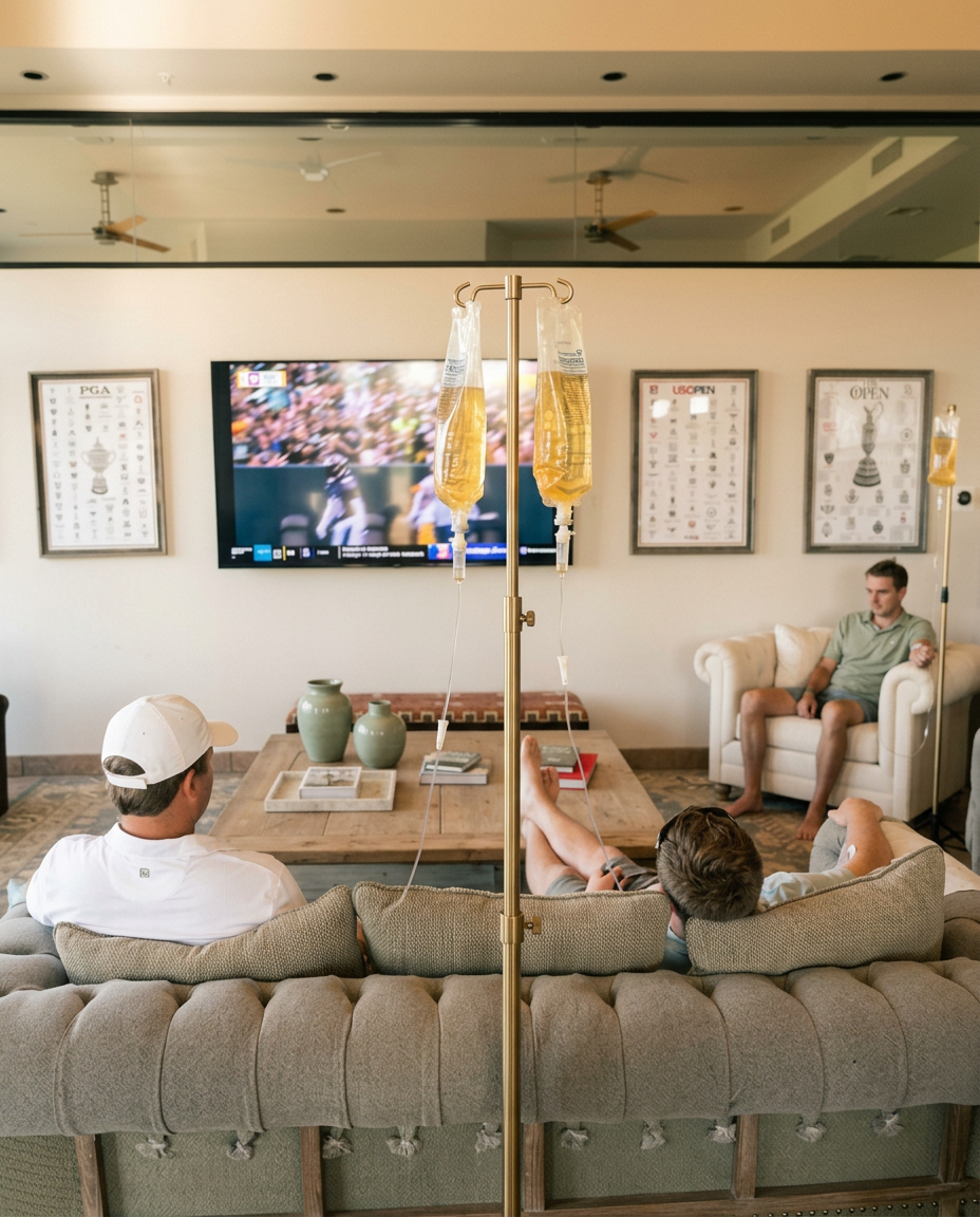 Friends receiving mobile IV drips during a football watch party at a home in Decatur, Georgia